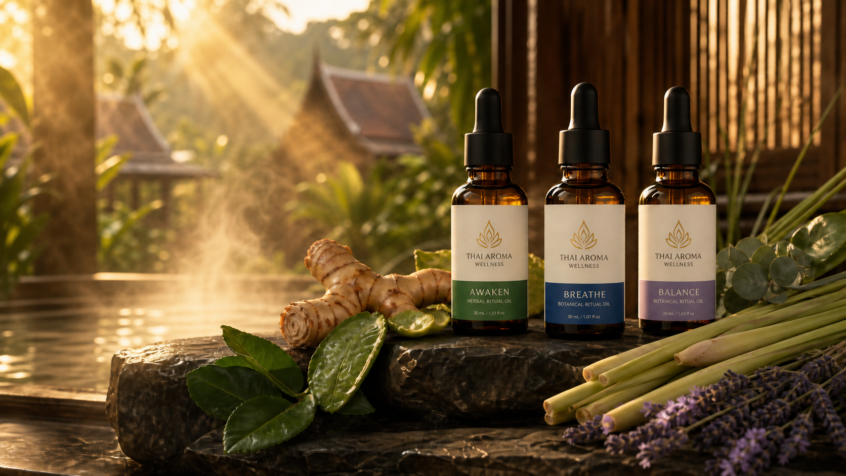 Thai Aroma Wellness Awaken, Breathe and Balance botanical ritual oils in a Thai spa