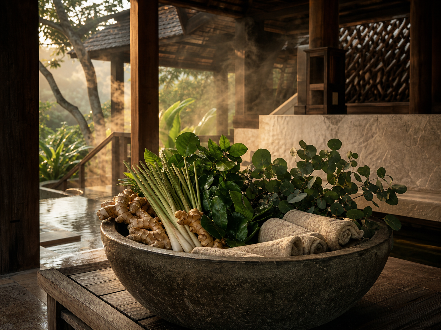 Thai botanicals prepared for a traditional steam ritual in Southern Thailand